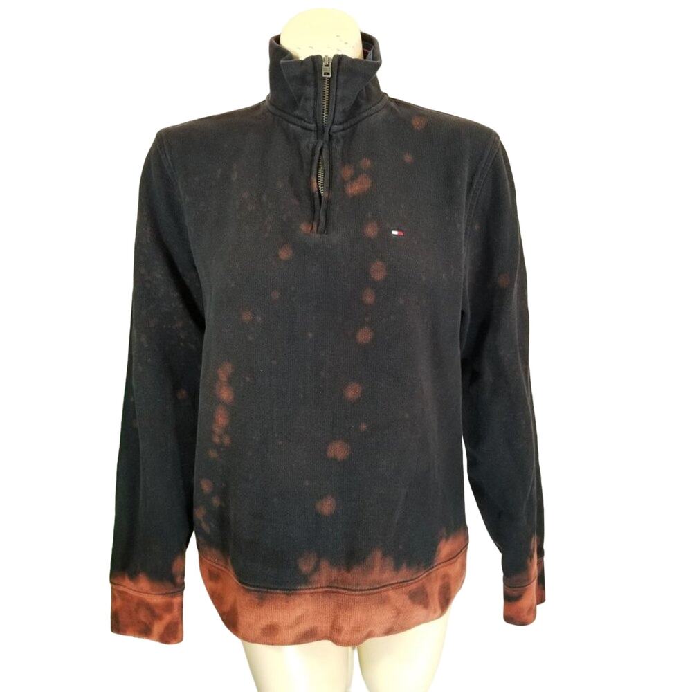 Tommy Hilfiger Sweatshirt zip up Custom reverse‎ tie-dye Black plum Sz Small